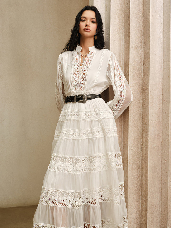 Semi-Sheer Lace Panel Maxi Dress without Belt