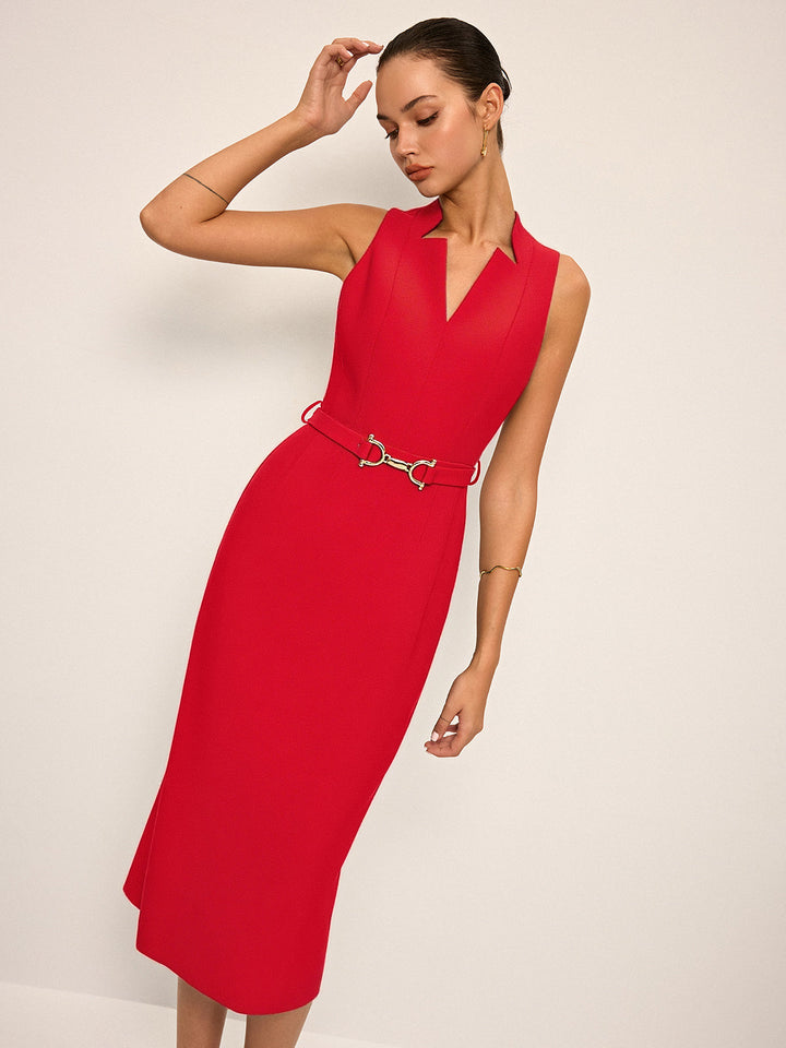 Sleeveless V-Neck Belted Midi Dress
