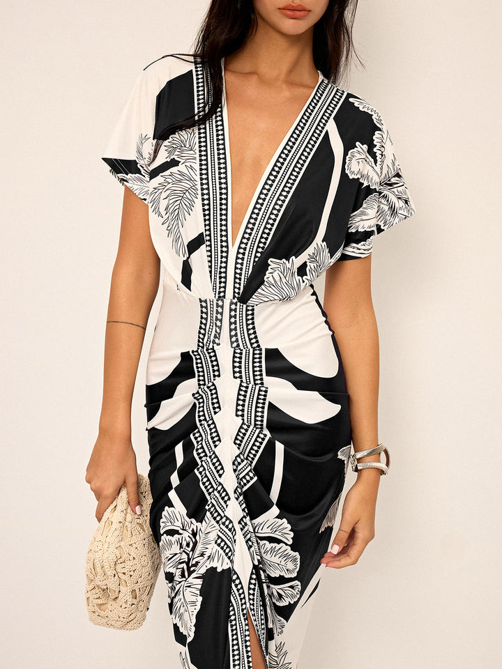Printed Deep V-Neck Midi Dress Without Belt