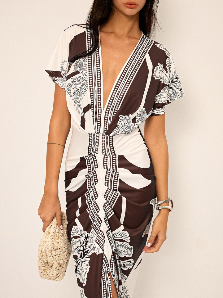 Printed Deep V-Neck Midi Dress Without Belt