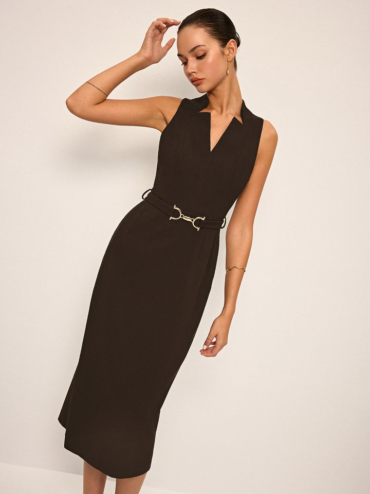 Sleeveless V-Neck Belted Midi Dress