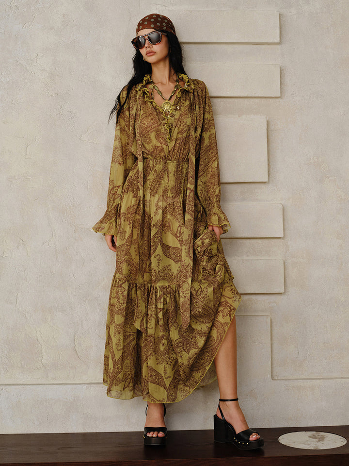 Boho Print Chiffon Maxi Dress Set with Liner