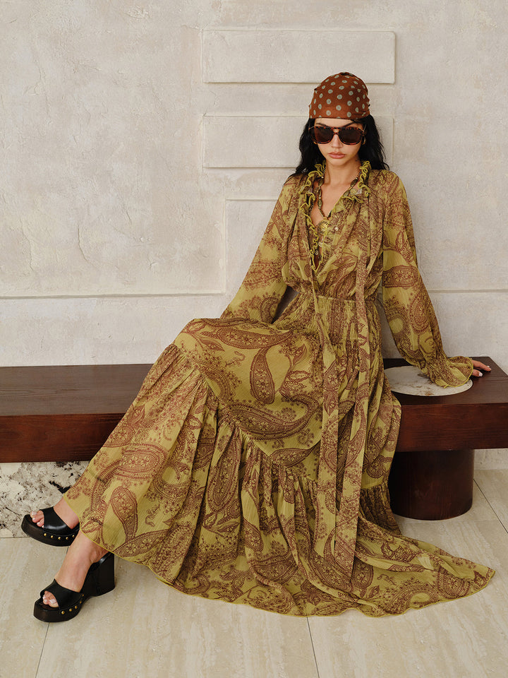 Boho Print Chiffon Maxi Dress Set with Liner