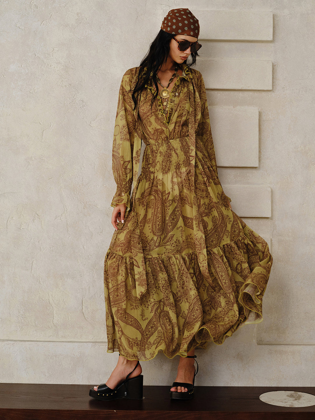 Boho Print Chiffon Maxi Dress Set with Liner