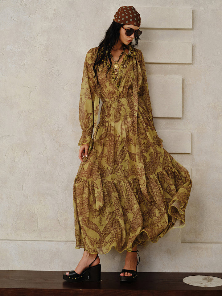 Boho Print Chiffon Maxi Dress Set with Liner