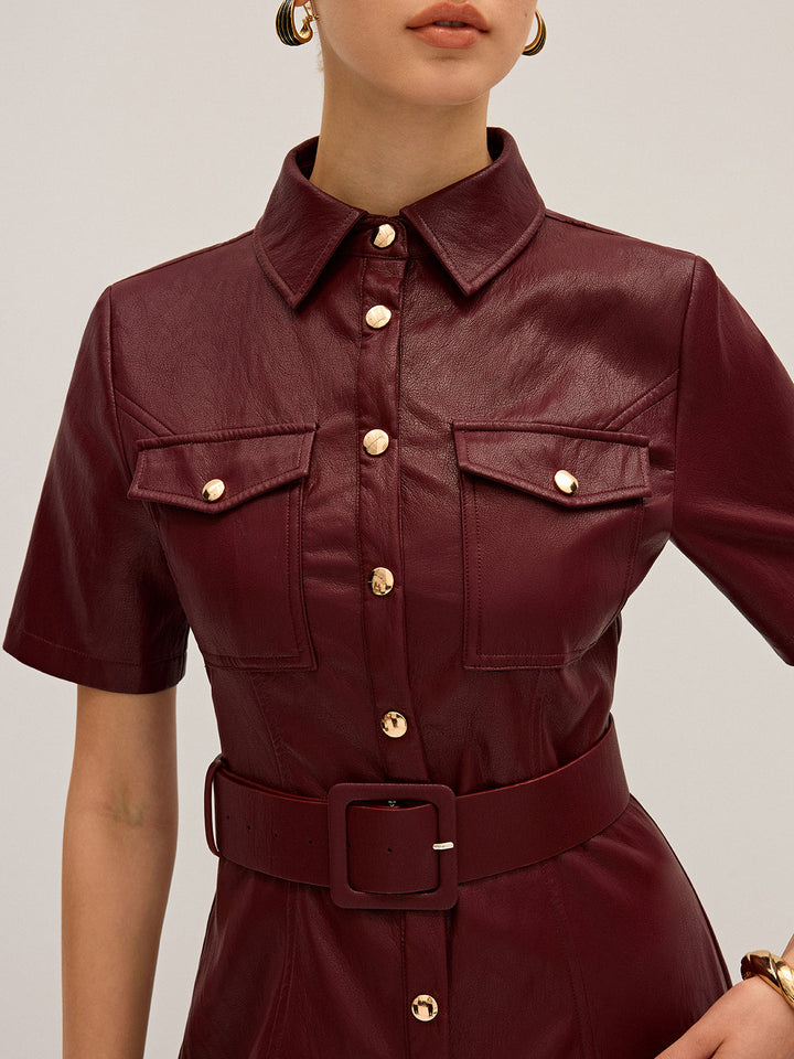 Shirt Collar Belted PU Leather Mini Dress