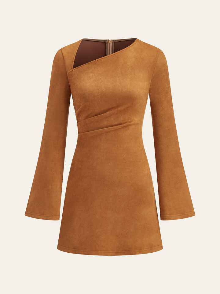 Asymmetrical Ruched Long Sleeve Suede Effect Mini Dress