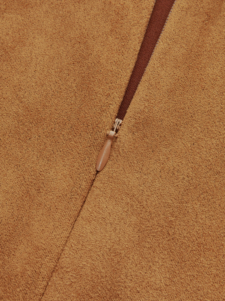 Asymmetrical Ruched Long Sleeve Suede Effect Mini Dress