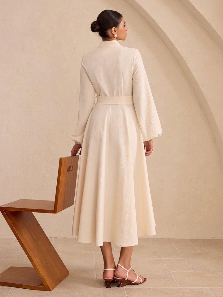 Belted Button-Front Long-Sleeve Midi Dress