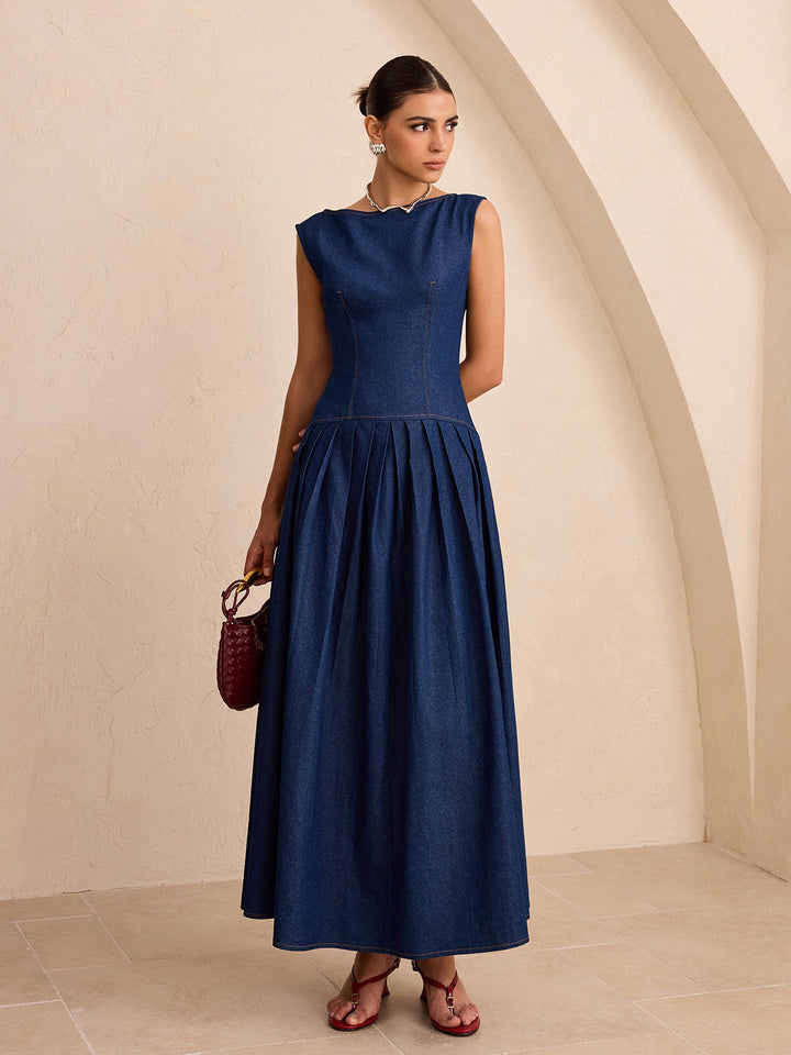 Faux Denim Sleeveless Pleated Maxi Dress