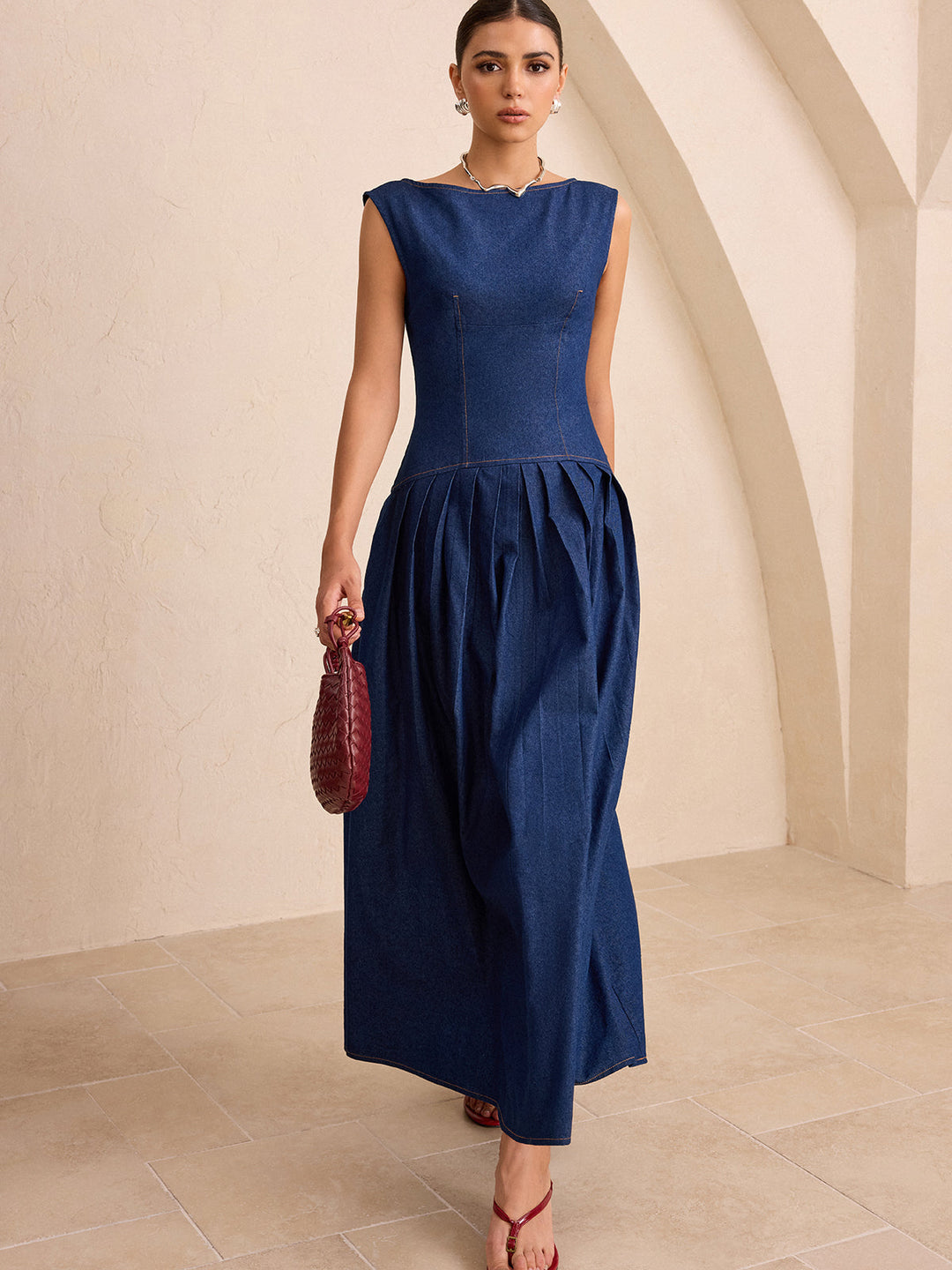 Faux Denim Sleeveless Pleated Maxi Dress