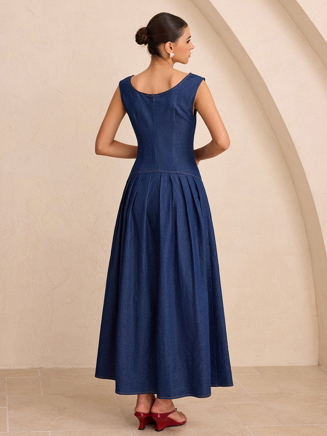 Faux Denim Sleeveless Pleated Maxi Dress