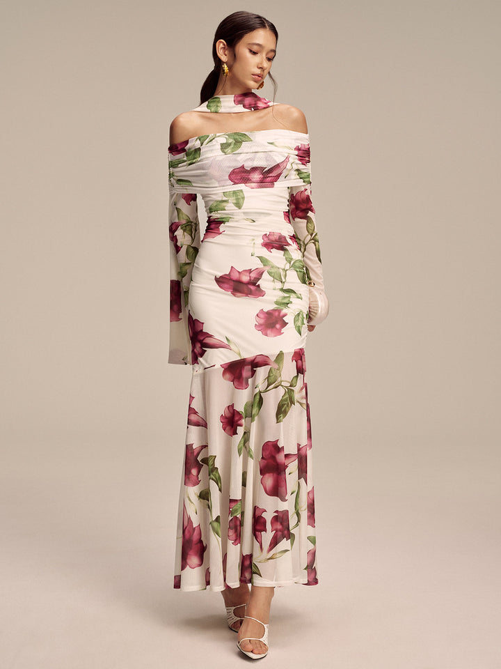 Floral Print Off-Shoulder Mesh Maxi Dress with Scarf Detail
