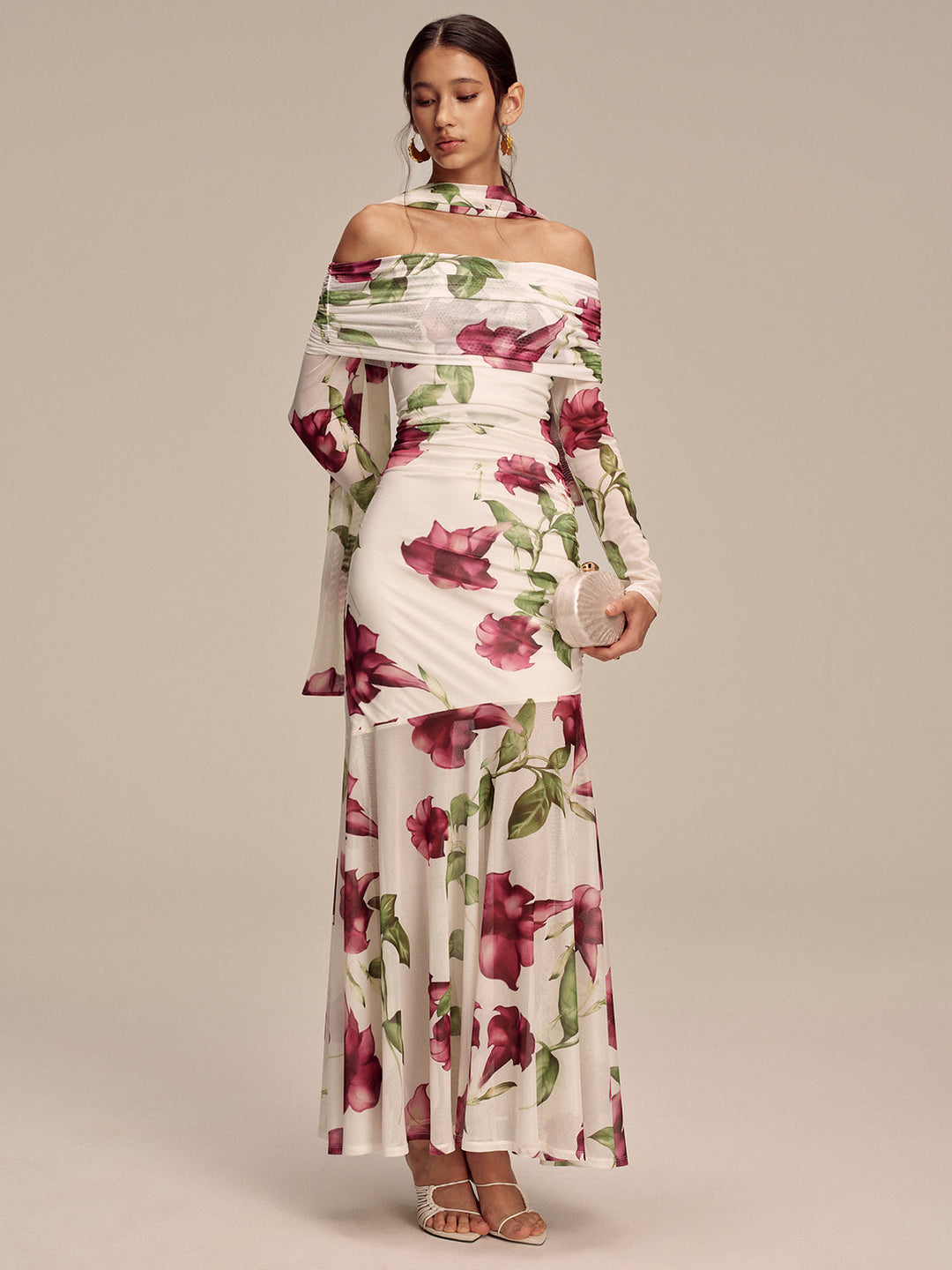 Floral Print Off-Shoulder Mesh Maxi Dress with Scarf Detail