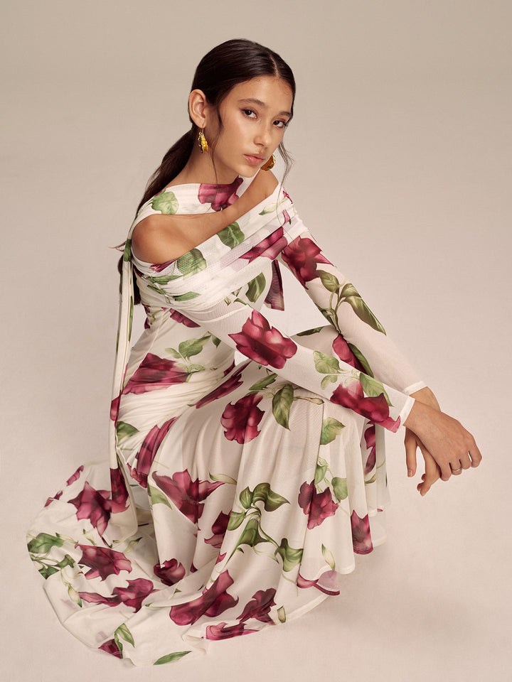 Floral Print Off-Shoulder Mesh Maxi Dress with Scarf Detail