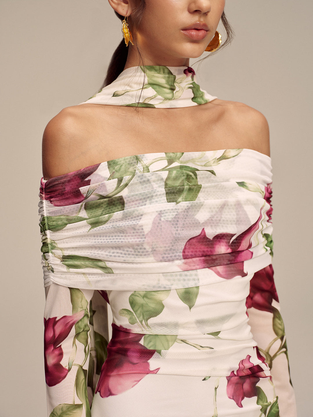 Floral Print Off-Shoulder Mesh Maxi Dress with Scarf Detail