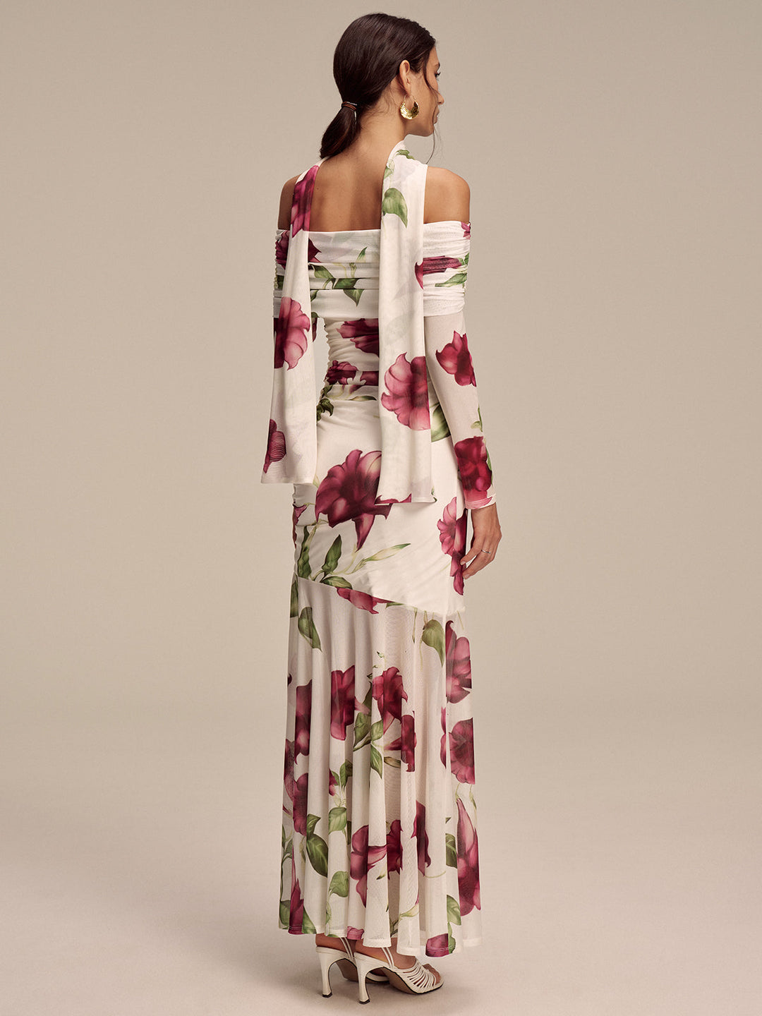 Floral Print Off-Shoulder Mesh Maxi Dress with Scarf Detail
