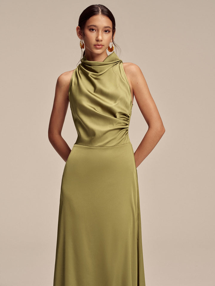 Satin Mock Neck Sleeveless Maxi Dress