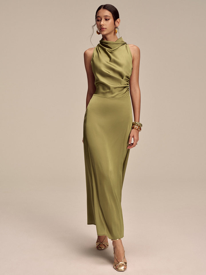 Satin Mock Neck Sleeveless Maxi Dress