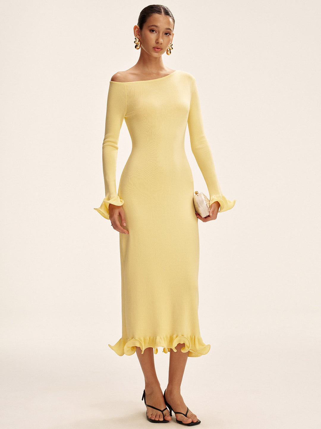 Off-Shoulder Ruffle Hem Sweater Dress