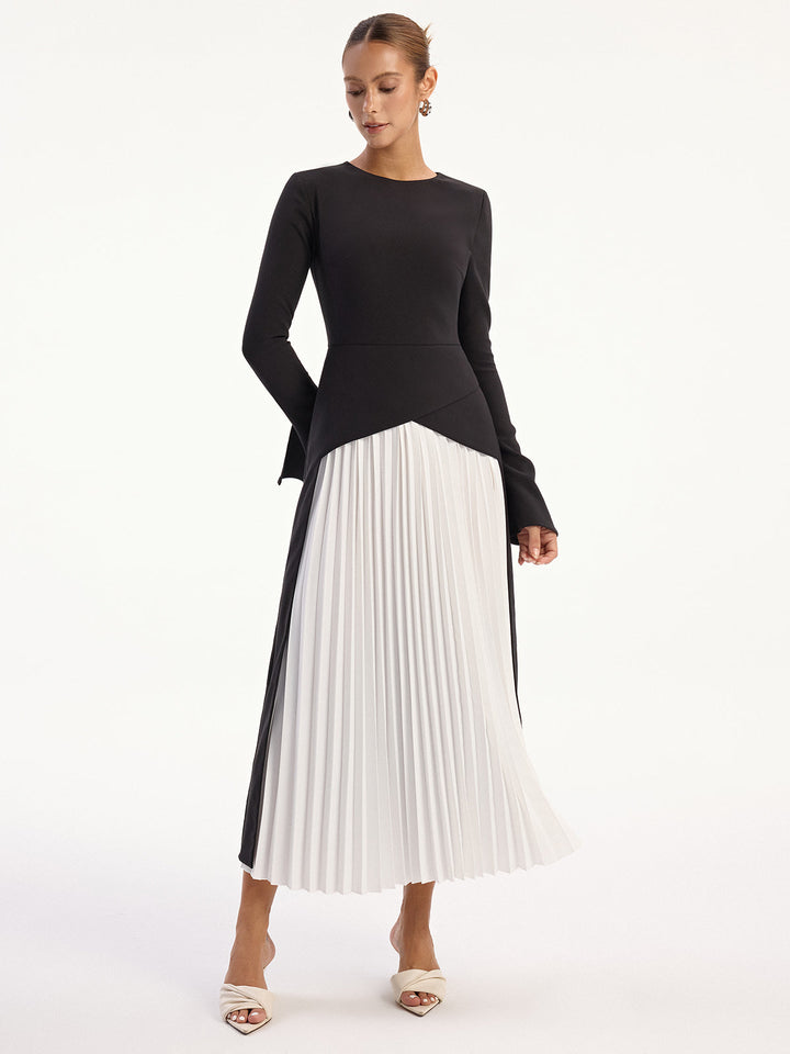 Two-Tone Long Sleeve Pleated Midi Dress