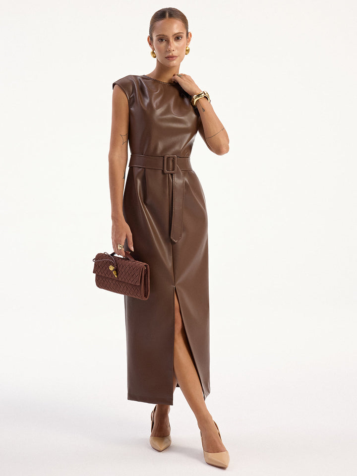 PU Leather Sleeveless Belted Midi Dress