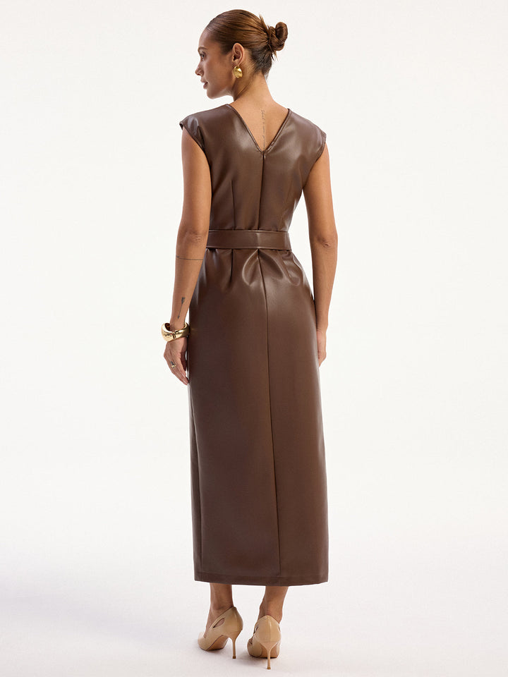 PU Leather Sleeveless Belted Midi Dress