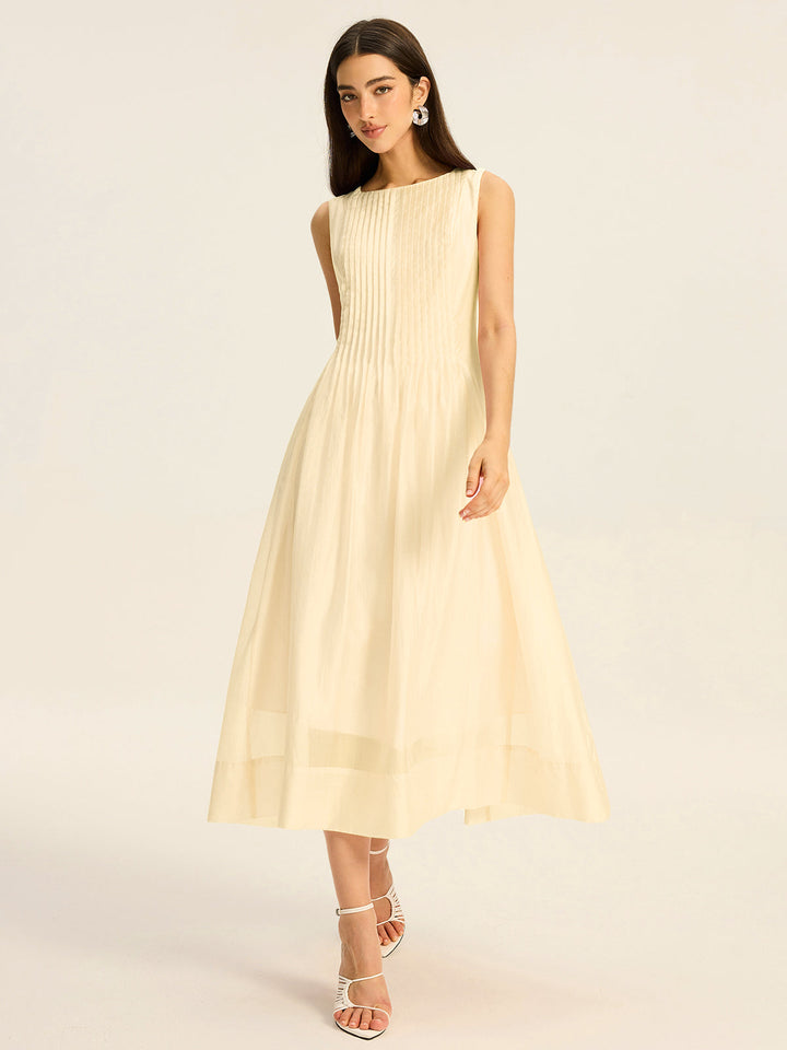 Semi-Sheer Tencel Pleated Sleeveless Midi Dress