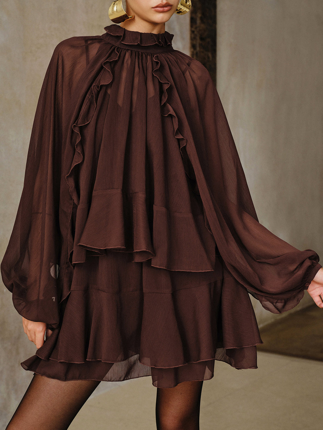 Tiered Ruffle Chiffon Mini Dress Set with Liner