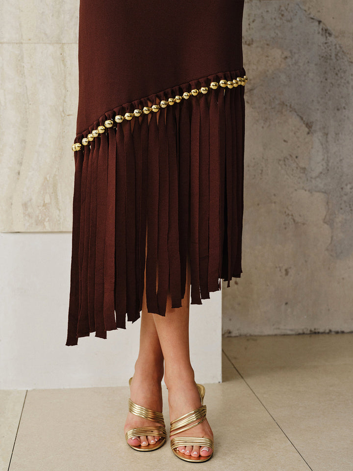 Asymmetric Fringe Metal Bead Detail Maxi Dress