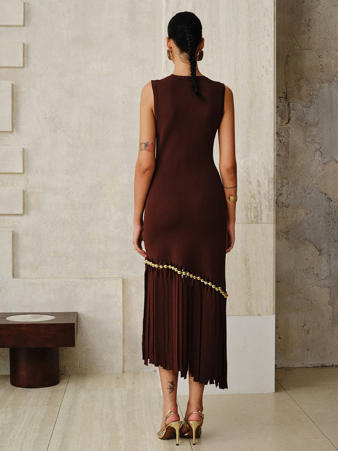 Asymmetric Fringe Metal Bead Detail Maxi Dress