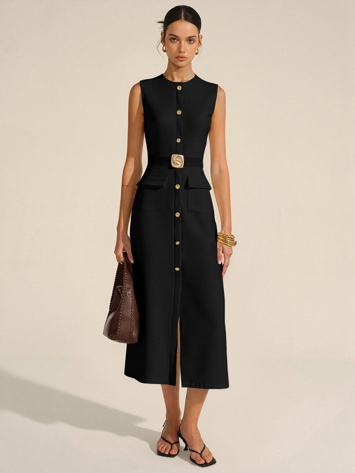 Button-Front Belted Maxi Dress