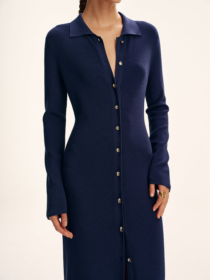 Long Sleeve Button Knit Maxi Dress without Belt