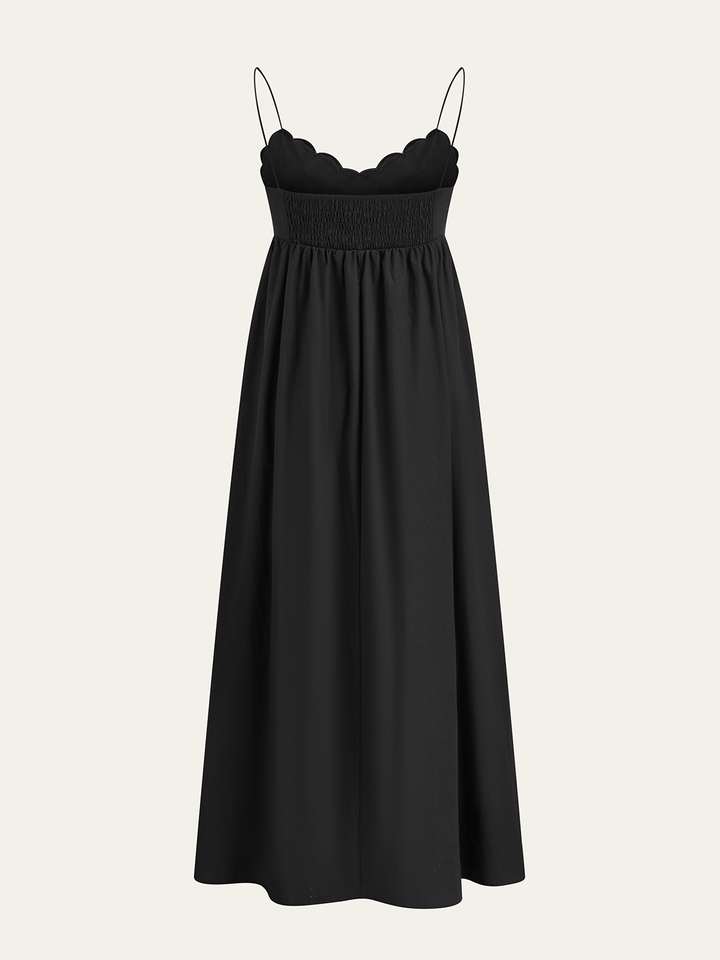 Embroidered Shirred Spaghetti Strap Long Dress