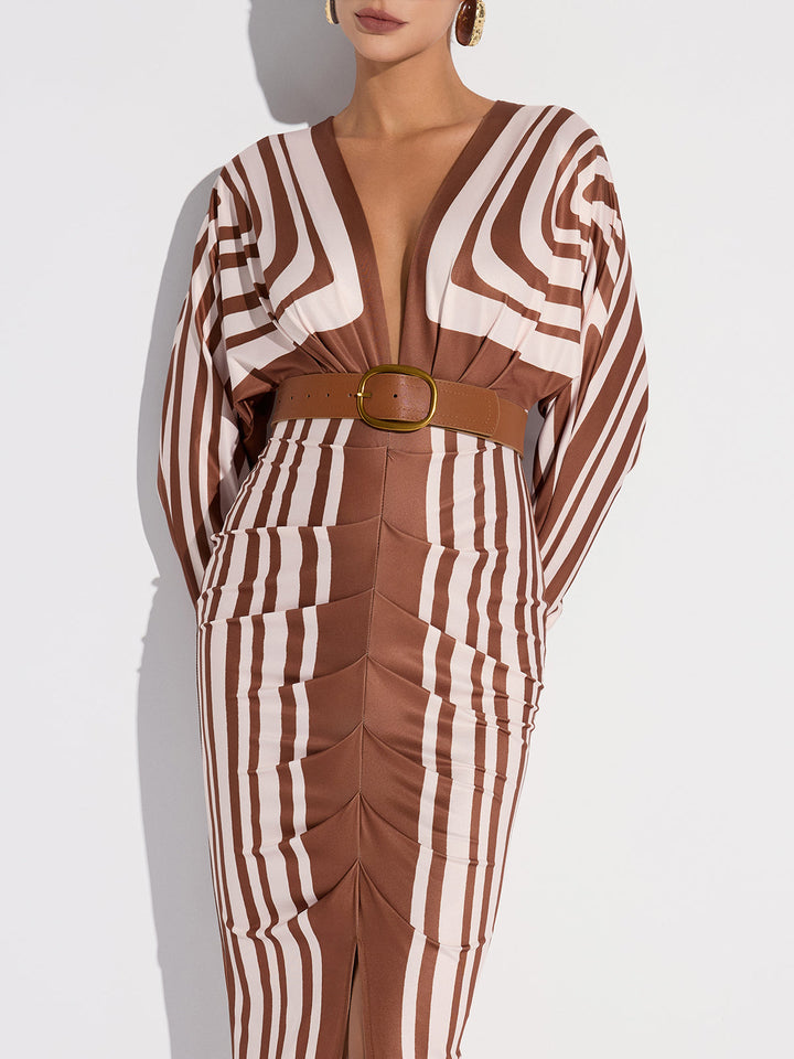 Striped Plunge Neck Slit Midi Dress without Belt