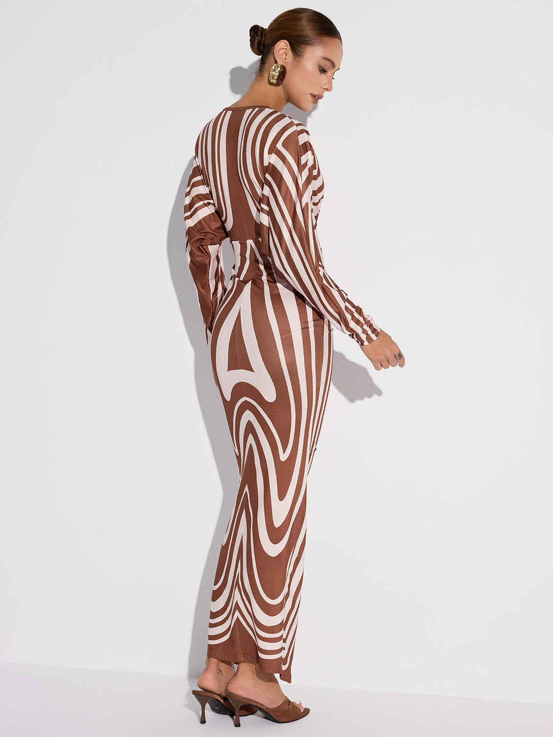 Striped Plunge Neck Slit Midi Dress without Belt