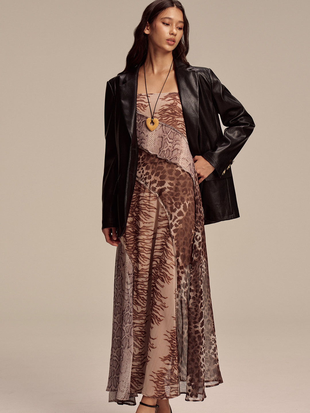 Animal Print Panel Semi-Sheer Mesh Maxi Dress