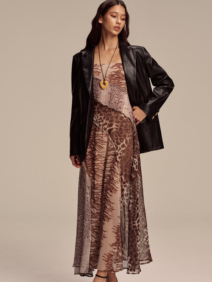 Animal Print Panel Semi-Sheer Mesh Maxi Dress