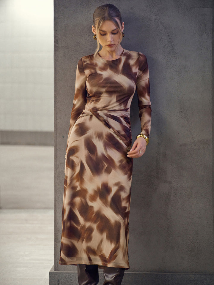 Abstract Print Twisted Mesh Midi Dress