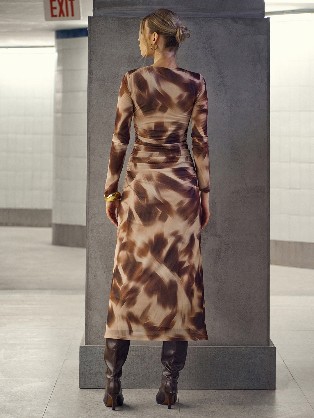 Abstract Print Twisted Mesh Midi Dress