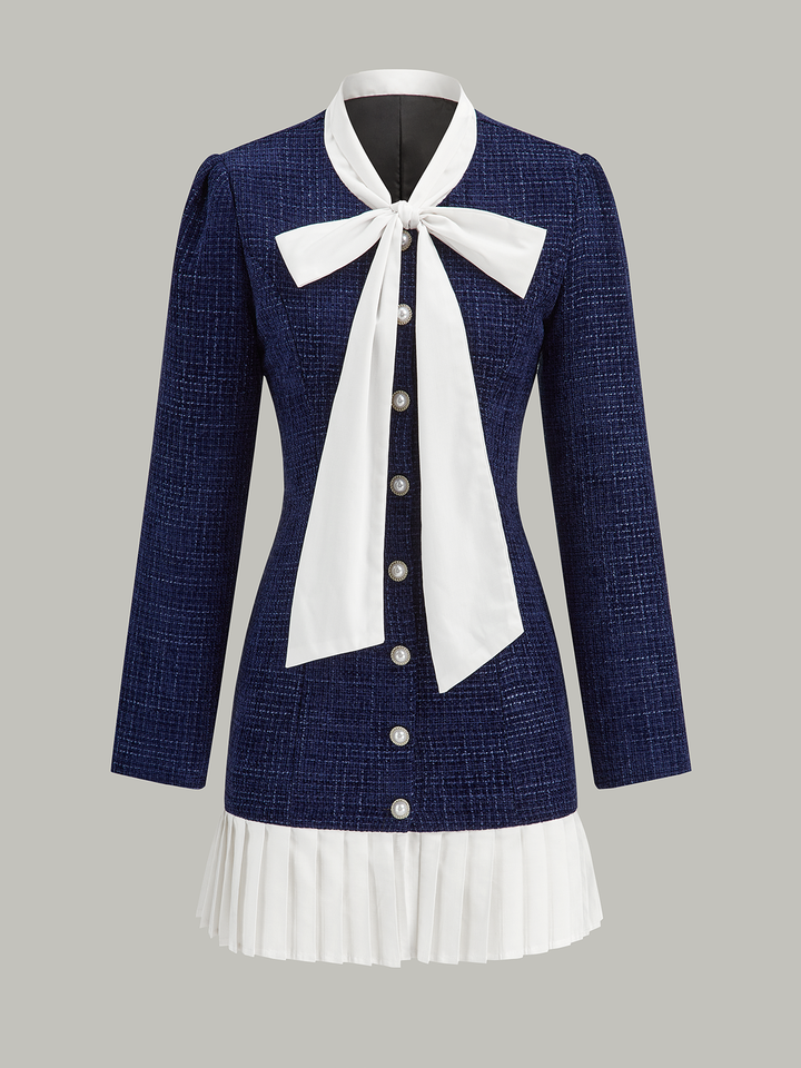 Pleated Hem Bow Neckline Tweed Mini Dress