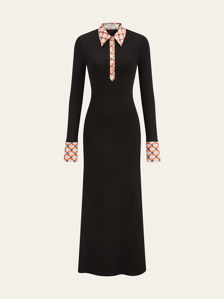 Print Trim Shirt Collar Maxi Dress