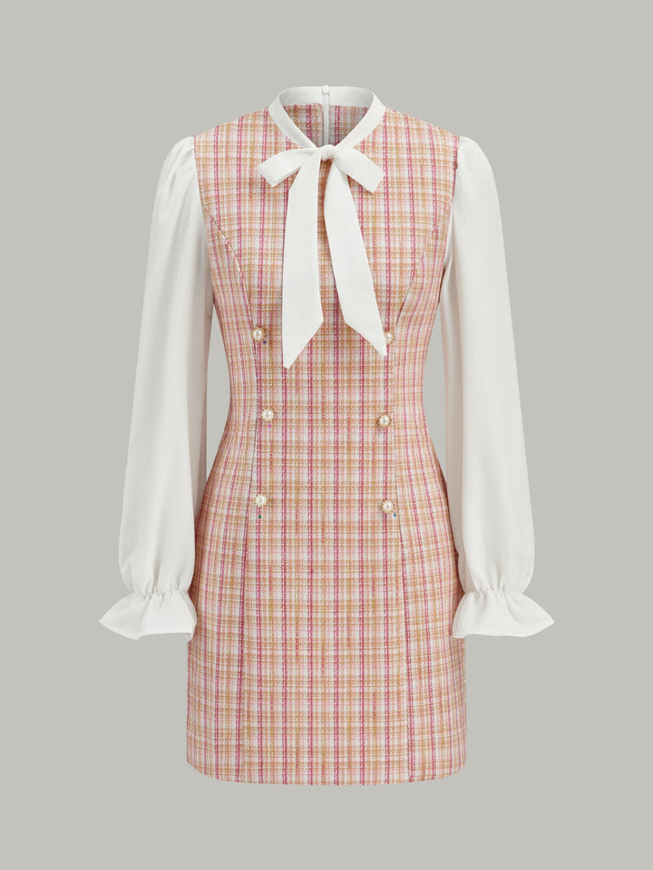 Bow Neckline Tweed Paneled Mini Dress