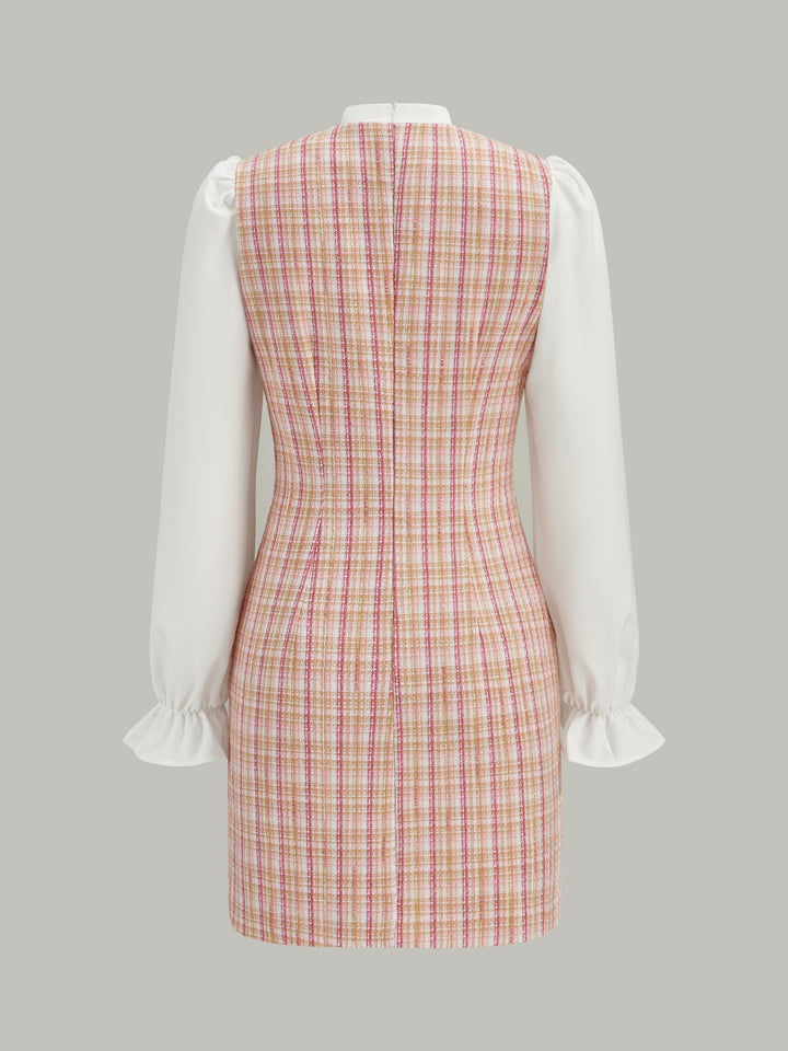 Bow Neckline Tweed Paneled Mini Dress