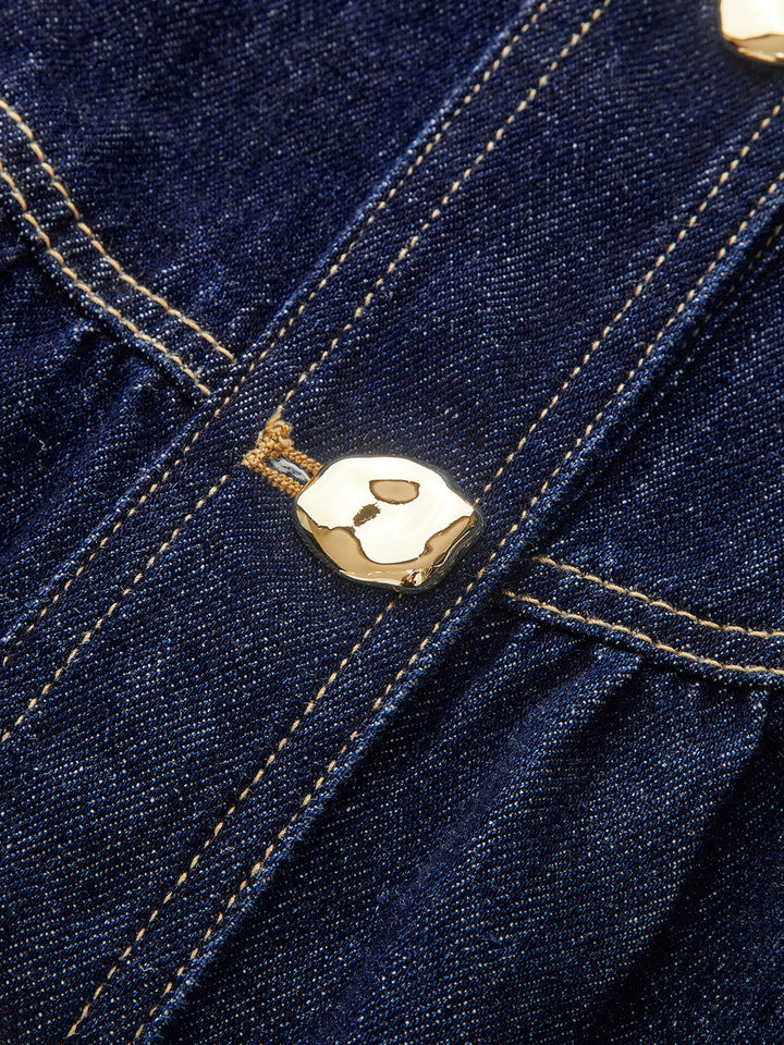 Metal Button Belted Denim Flare Mini Dress