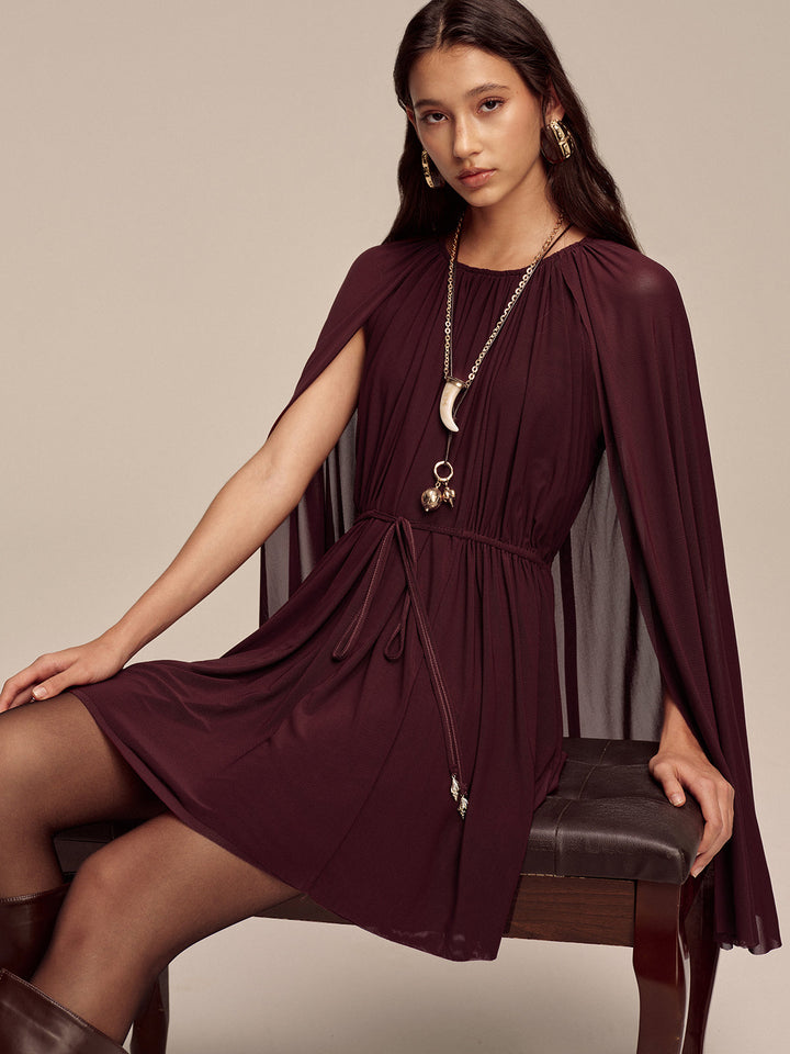 Mesh Cape Sleeve Tie-Waist Mini Dress