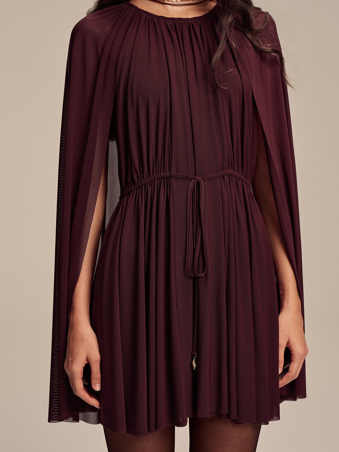 Mesh Cape Sleeve Tie-Waist Mini Dress