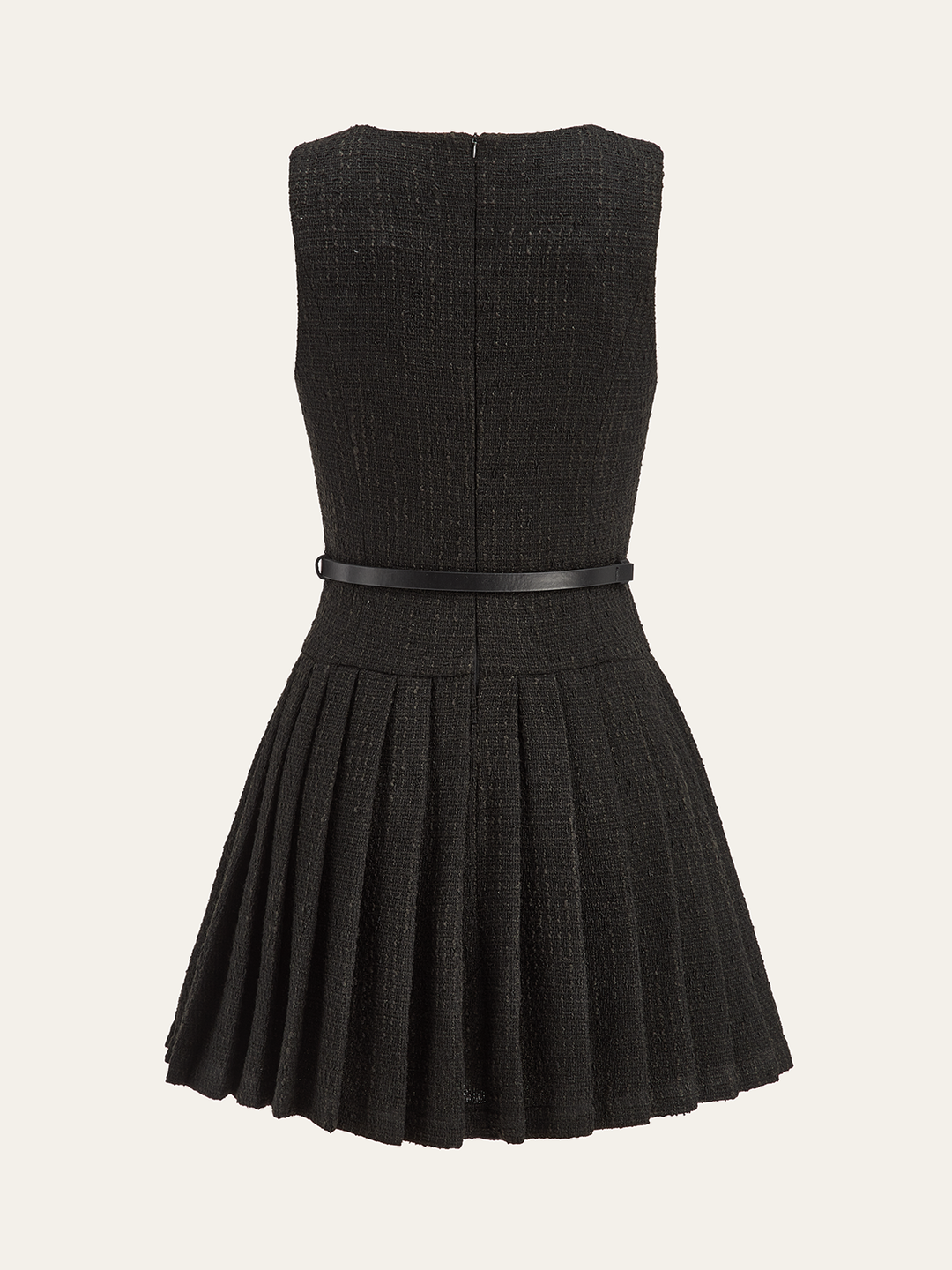 Tweed Sleeveless Pleated Mini Dress with Belt