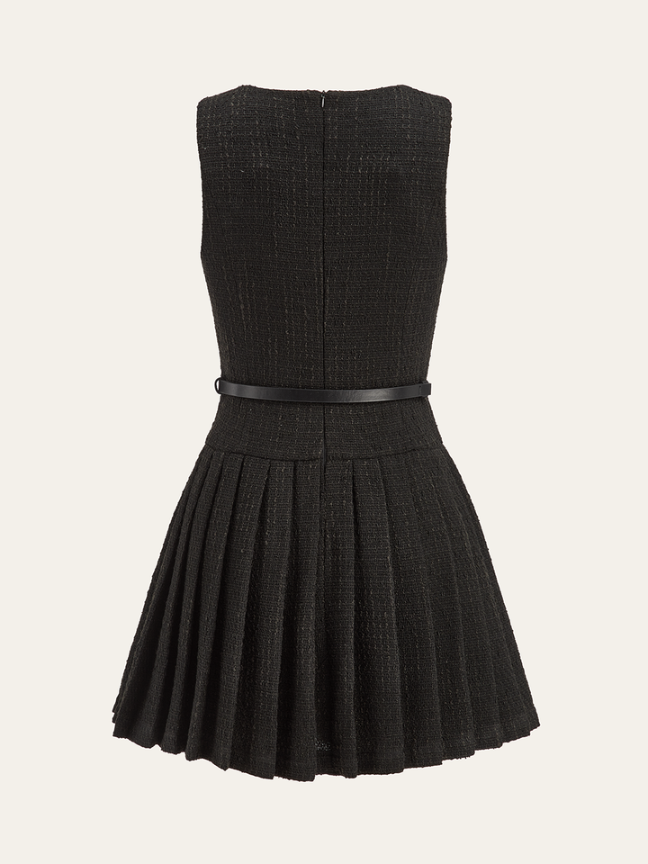 Tweed Sleeveless Pleated Mini Dress with Belt