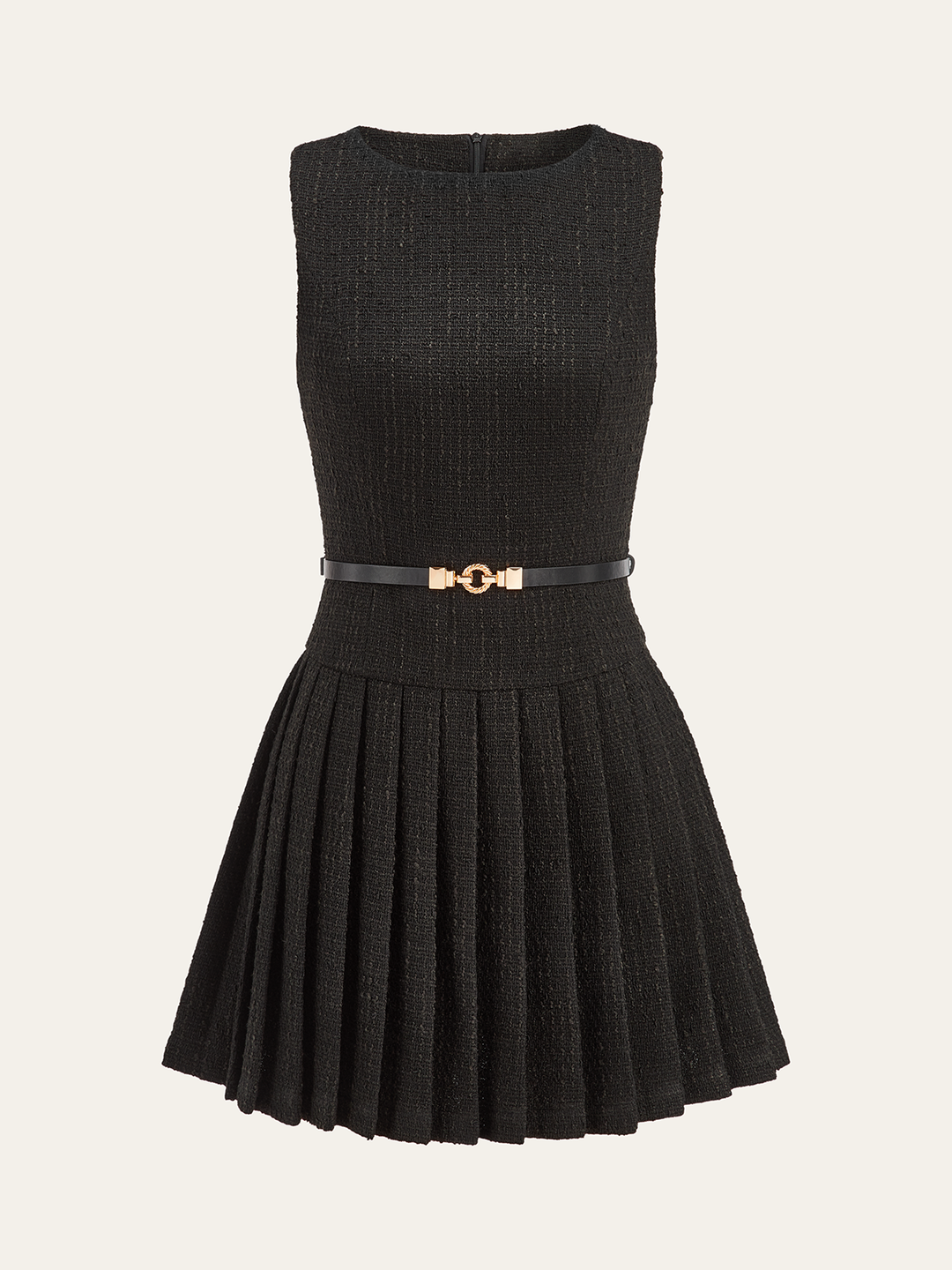 Tweed Sleeveless Pleated Mini Dress with Belt